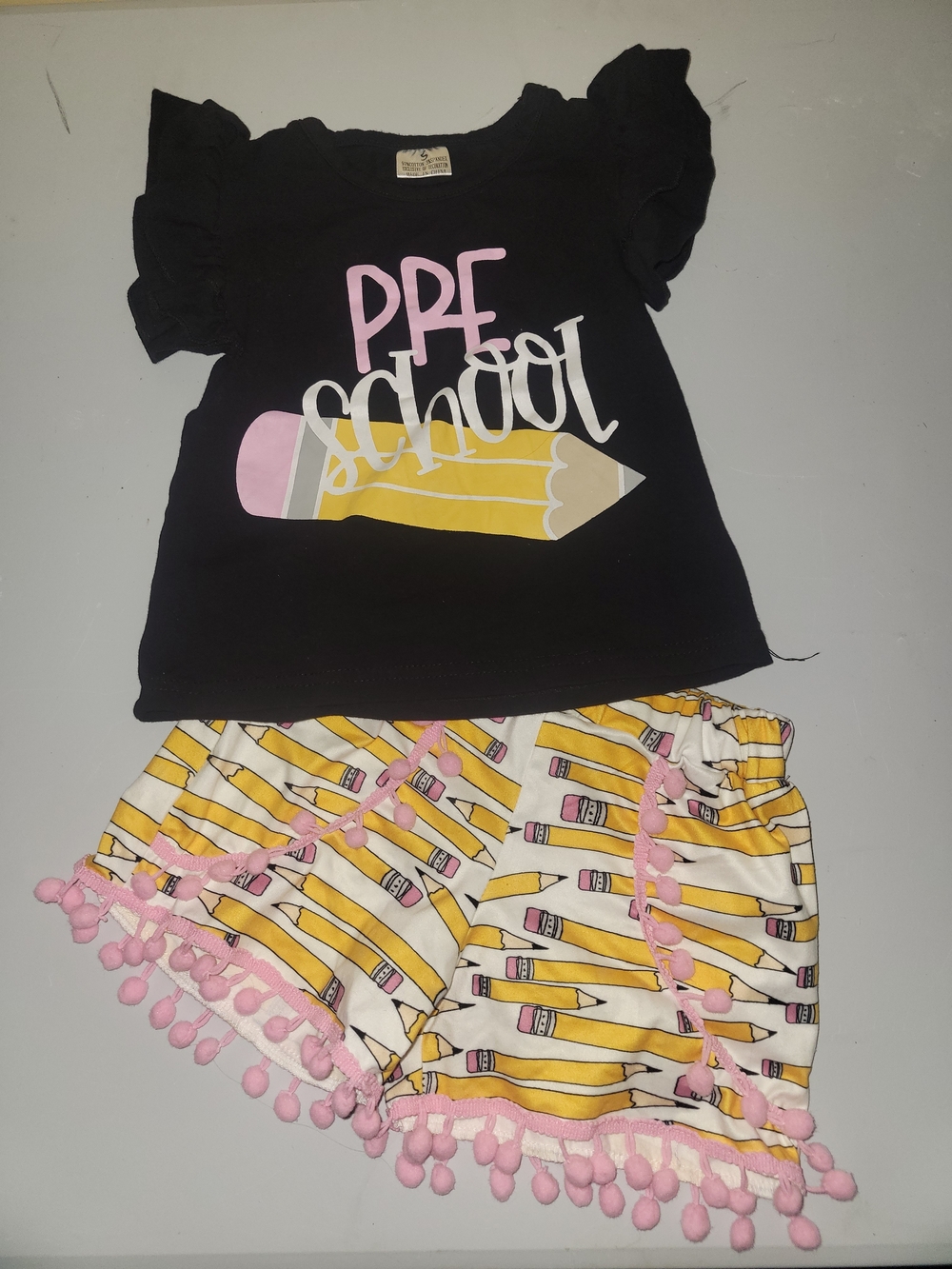 Girls Black and Yellow 'Pre School' Pajama Set with Pink Trim.